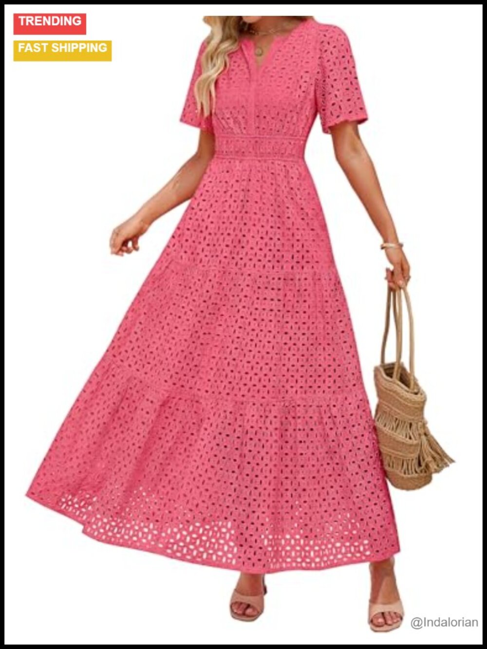 Eyelet Maxi Dress V Neck Short Sleeve A Line High Waist